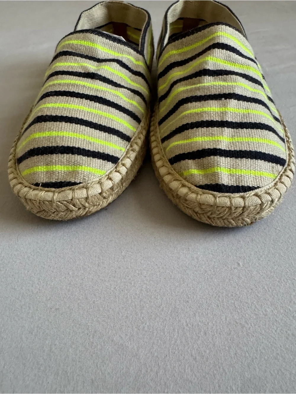 Tory Burch Neutral Canvas Espadrilles with Navy & Neon Yellow Accents